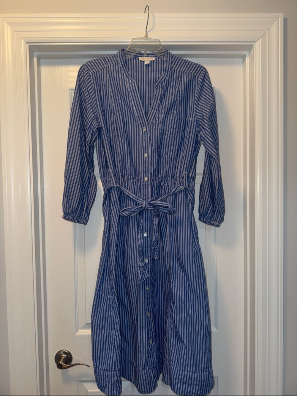 Striped Blue Button-Front Midi Dress with Tie Waist